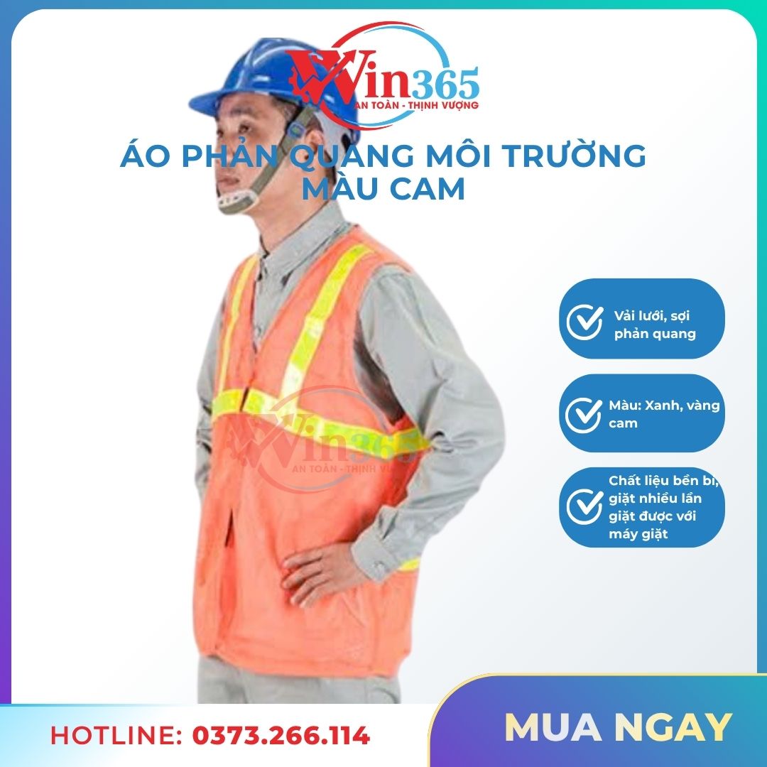 Áo phản quang màu cam dạng lưới polyester, dải phản quang rộng 5cm, thoáng mát, nhanh khô và phản quang tốt. Phân phối bởi WIN365.