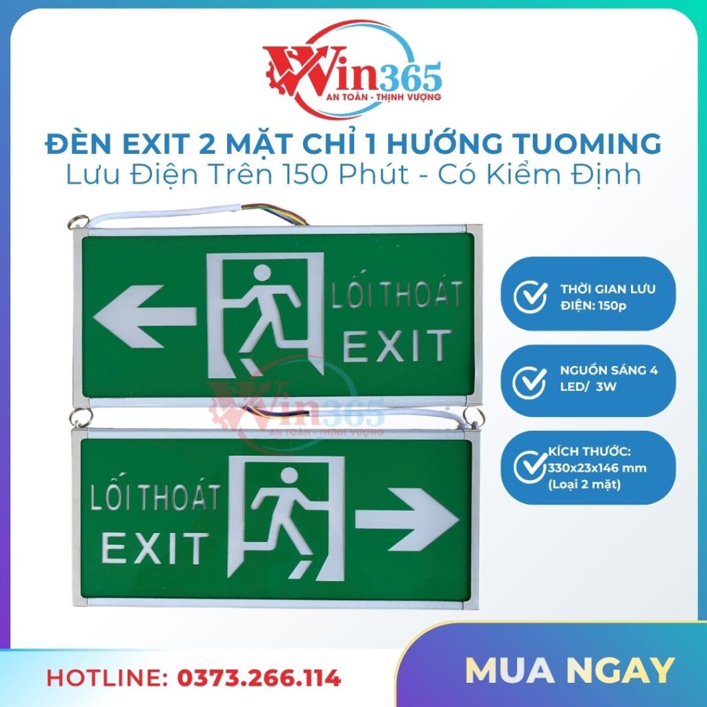 Đèn exit 2 mặt chỉ 1 hướng Tuoming dùng LED xanh 3W, pin dự phòng 150 phút, tự động sáng khi mất điện. Phân phối bởi WIN365