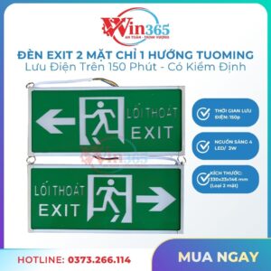 Đèn exit 2 mặt chỉ 1 hướng Tuoming dùng LED xanh 3W, pin dự phòng 150 phút, tự động sáng khi mất điện. Phân phối bởi WIN365