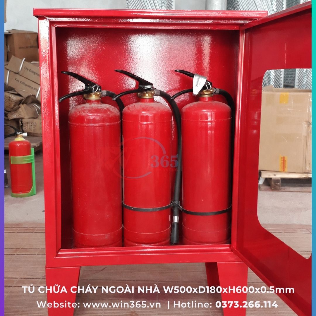 Tủ Chữa Cháy Ngoài Nhà 500x180x600mm Có Chân đế 150m đựng 3 bình chữa cháy