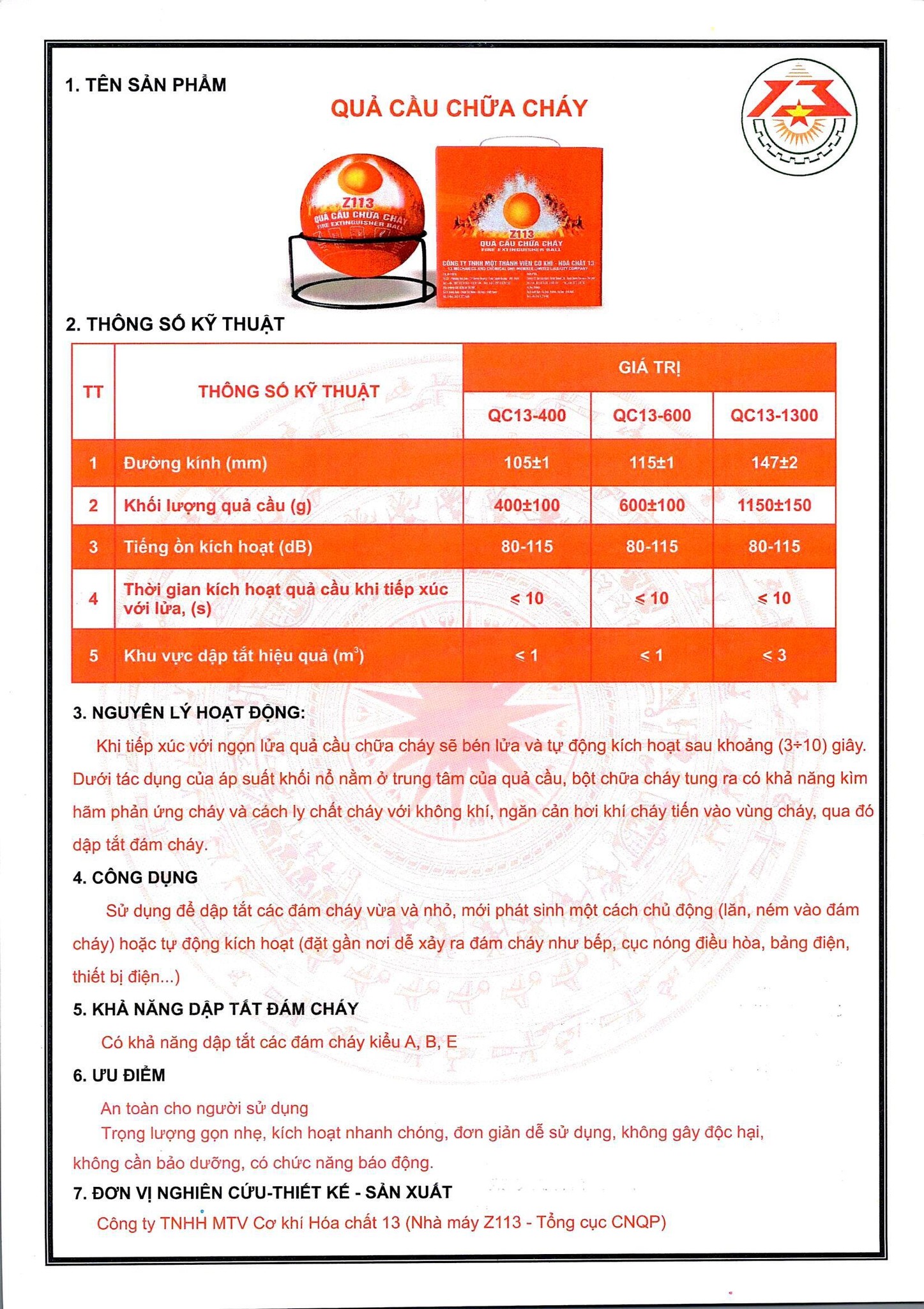 Thông tin sản phẩm bóng chữa cháy z113